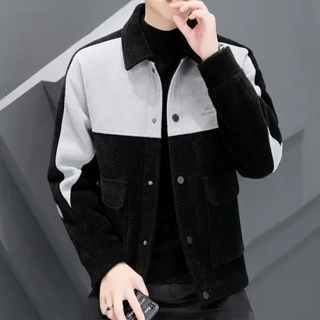 冬季毛呢子加厚外套男士韩版潮牌拼色夹克休闲青年高端金貂绒男装商品大图