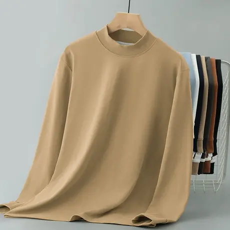 380g重磅t恤男长袖秋冬内搭半高领打底衫加厚款中领秋衣纯色小衫商品大图