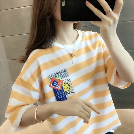 2023年新款百搭夏季宽松显瘦笑脸印花条纹短袖t恤女学生体恤上衣商品大图