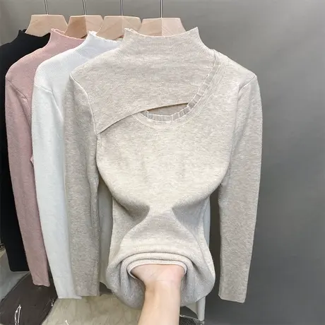 半高领毛衣女蕾丝打底衫2023秋冬新款套头外穿针织衫性感内搭上衣商品大图
