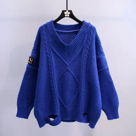克莱因蓝破洞设计感V领毛衣女春2023新款宽松洋气慵懒风针织上衣图片