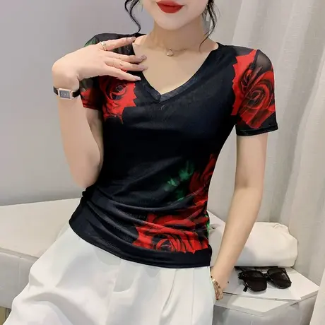 性感网纱短袖小衫女欧货t恤2024年新款修身百搭半袖夏洋气V领上衣商品大图