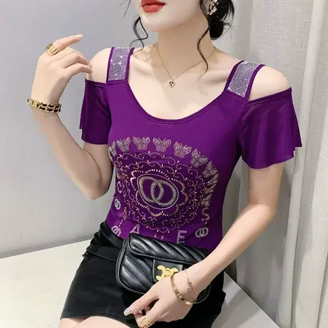 欧货性感一字领上衣女时尚露肩T恤短袖洋气网纱烫钻小衫修身夏装商品大图