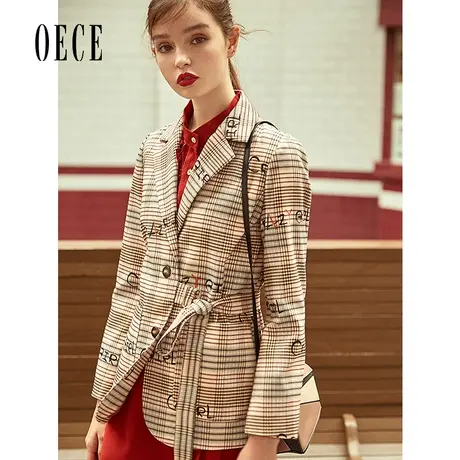 Oece春装新款 复古字母格纹帅气西装外套韩版修身西服图片