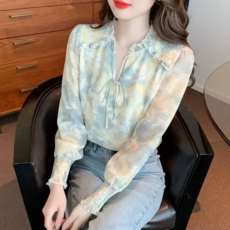 法式雪纺衫女长袖2023年秋季新款上衣碎花今年流行的小衫洋气穿搭商品大图