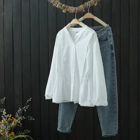 收腰纯棉衬衫女宽松显瘦娃娃衫春季2022年新品立领上衣打底衫衬衣图片