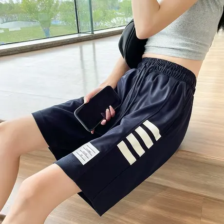 断码清仓 蓝色运动短裤女夏季薄款阔腿直筒小个子冰丝休闲五分裤商品大图