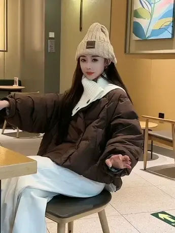 羽绒服女短款2023冬季新款针织领拼接小个子白鸭绒加厚外套面包服图片