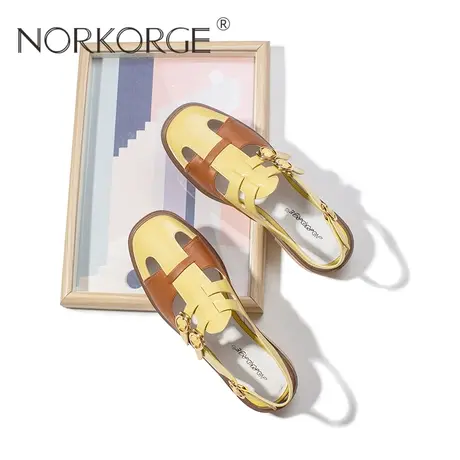 原创新款手工复古棕黄色罗马凉鞋女鞋真皮方头粗跟配裙子平底鞋女图片