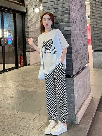 纯棉港风运动服套装女夏季薄款宽松时尚短袖长裤小个子休闲两件套图片