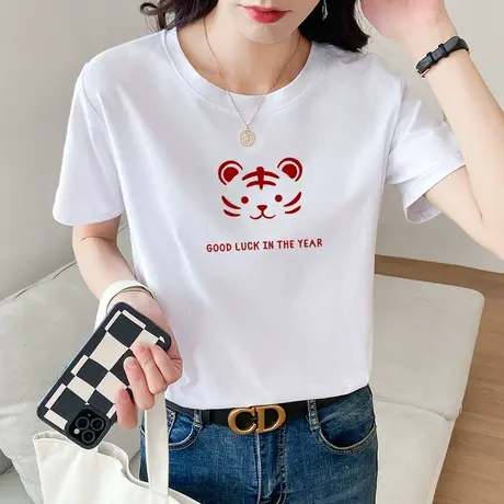 白色短袖t恤女纯棉2022年夏装新款圆领学生半袖小清新韩版上衣潮商品大图
