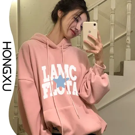 红续2023冬季新款韩版印花卫衣连帽oversize小众百搭上衣加厚加绒图片