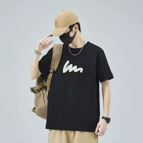 夏天男士纯棉黑色短袖T恤衫男装潮流百搭圆领体恤夏季潮牌上衣服商品大图