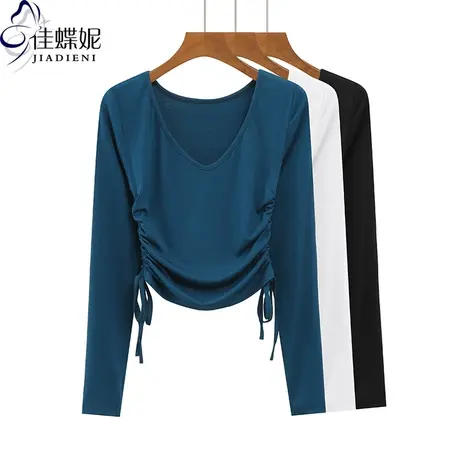 秋冬新款韩版圆领修身短款抽绳纯棉纯色长袖体恤上衣内搭女打底衫商品大图
