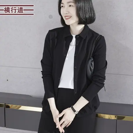 纯色翻领坑条宽松长袖休闲大码妈妈棉开衫T恤2025新款春装女上衣商品大图