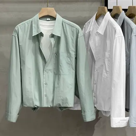 日系重磅长袖衬衫男春秋季宽松高级感纯棉寸衫纯色白色百搭衬衣男商品大图