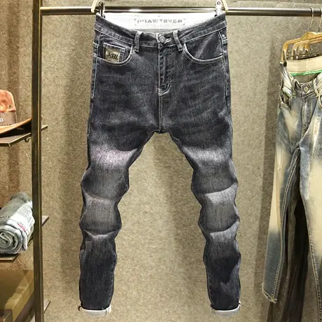 秋季黑灰色高端牛仔裤男款韩版修身小脚裤简约舒适弹力水洗长裤子商品大图