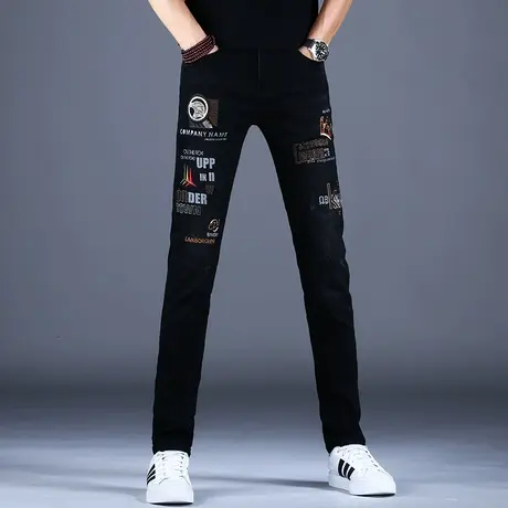 黑色刺绣牛仔裤男款秋冬季休闲裤子修身小脚弹力2023新款高端潮牌商品大图