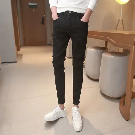 2023秋冬时尚个性破洞牛仔裤潮流修身百搭小脚裤青年显瘦铅笔裤子图片