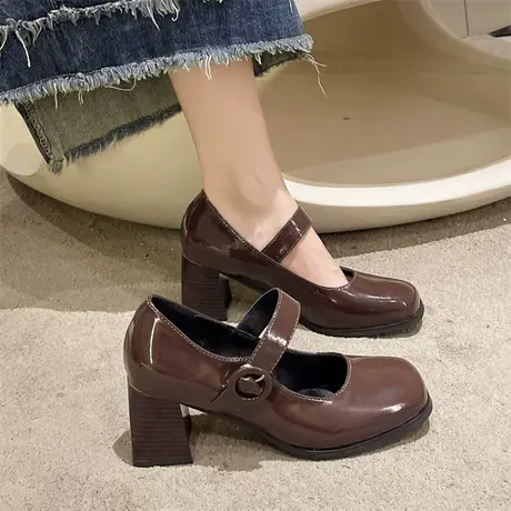 永希法式高级感粗跟高跟鞋女2024秋季新款小皮鞋晚风浅口玛丽珍鞋商品大图