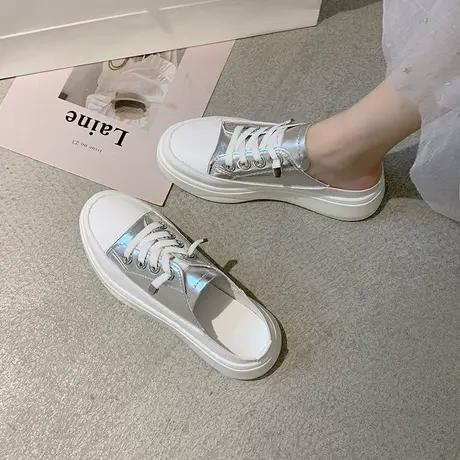 半托小白鞋女2024新款夏季无后跟懒人鞋一脚蹬百搭透气包头半拖鞋商品大图