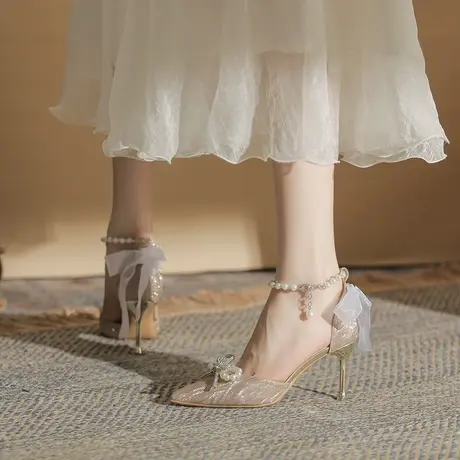 2024新款婚鞋新娘鞋珍珠一字扣带尖头单鞋蝴蝶结法式高跟鞋女细跟商品大图