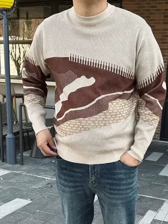 DAEVU秋冬新款落肩宽松拼色潮胖子加肥加大码男士长袖圆领毛衣图片