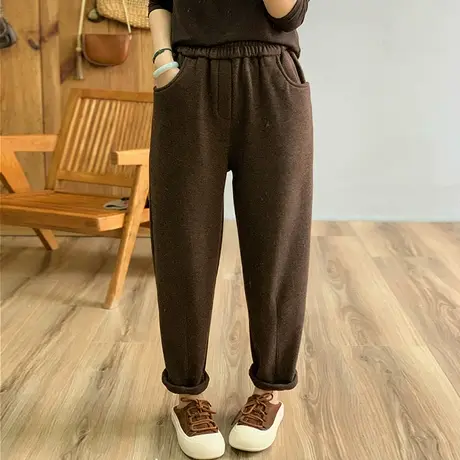 dza 高腰显瘦加绒羊毛休闲裤子女冬外穿长裤宽松直筒裤加厚哈伦裤商品大图