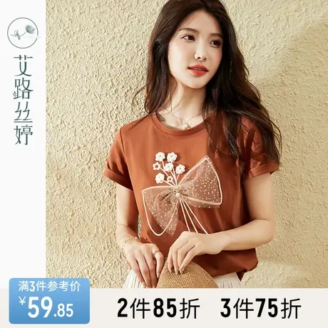 艾路丝婷短袖T恤女2023夏季新款重工立体花朵蝴蝶结气质半袖上衣商品大图