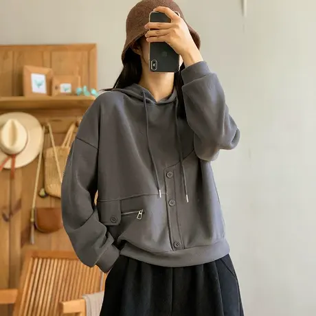 dza 复古短款连帽套头卫衣女春秋内搭打底宽松外穿长袖显瘦上衣女图片