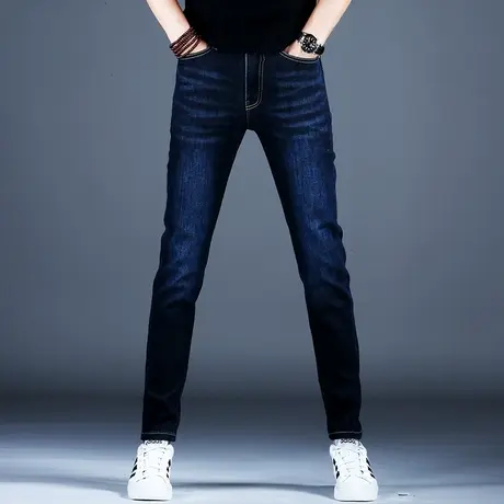 男士冬季牛仔裤子经典深蓝色修身压花原宿风小脚裤2023男潮牌棉弹商品大图