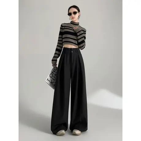 othermix高腰阔腿裤女2024春秋新款设计感百搭宽松直筒喇叭休闲裤图片