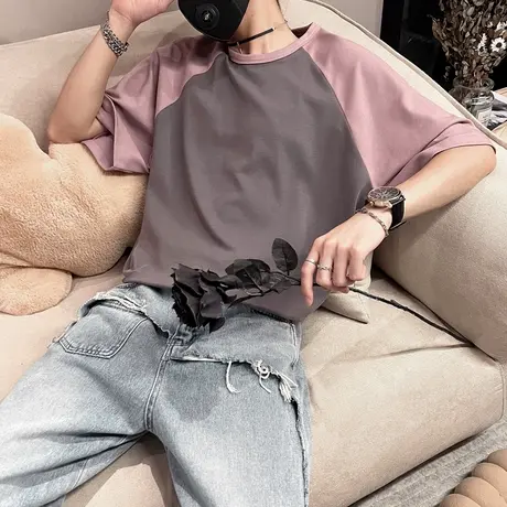 夏季男士t恤上衣短袖宽松半袖拼接潮流圆领撞色插肩袖潮牌INS体恤商品大图