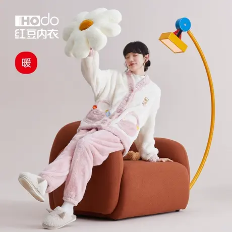 红豆情侣睡衣珊瑚绒女士时尚可外穿秋冬加厚法兰绒男士家居服套装商品大图