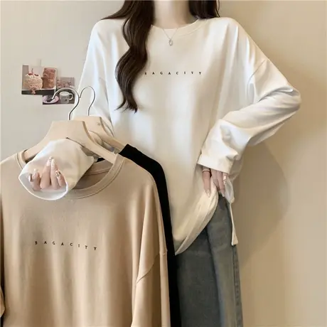 中长款下摆开叉德绒打底衫女内搭外穿宽松长袖T恤加绒加厚上衣服图片