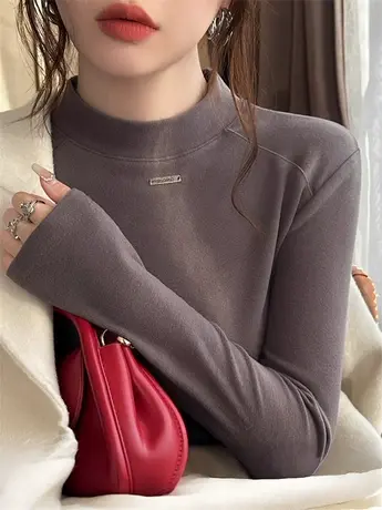 双面德绒半高领打底衫女秋冬2024新款加绒保暖内搭磨毛小立领上衣图片