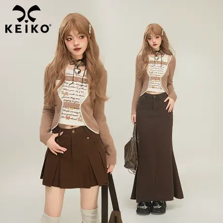 KEIKO 拼色假两件长袖t恤2024春季甜酷辣妹字母印花显瘦短款上衣图片