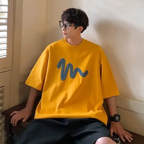 发泡短袖T恤男款夏季设计感小众纯棉重磅上衣ns潮流落肩情侣半袖图片