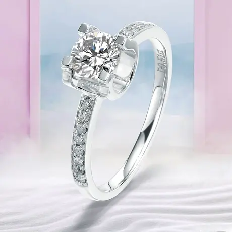 珂兰 白18K金钻石戒指钻戒30分50分戒壁镶钻牛头款结婚求婚戒指女图片