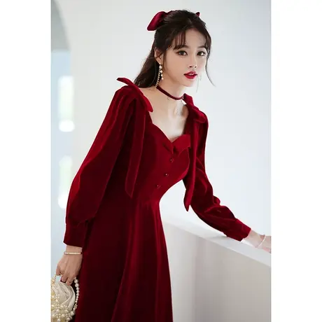 长袖敬酒服新娘2024新款冬季小个子结婚订婚回门礼服酒红色蝴蝶结商品大图