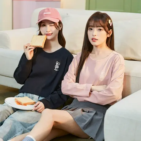 唐狮春秋季百搭长袖T恤女显瘦粉色上衣少女学生别致内搭打底衫潮图片