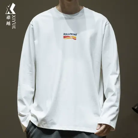 希越美式休闲长袖T恤男2024春季重磅260g宽松大码男士纯棉打底衫商品大图