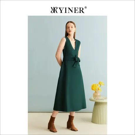 YINER音儿冬季女装法式优雅绵羊毛法式优雅无袖系带连衣裙图片
