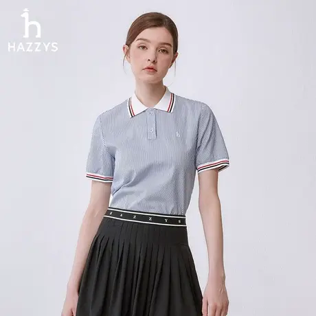 Hazzys哈吉斯蓝色条纹梭织拼针织短袖衬衫女上衣宽松时尚套头衬衣图片