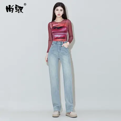 窄版蓝色弹力牛仔高腰直筒拖地裤2024年春季新遮肉显瘦阔腿裤刺绣图片