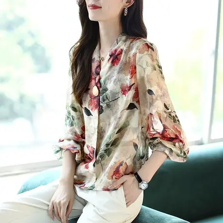 宝诗黎印花长袖V领雪纺衫女装春季休闲减龄上衣2024宽松新款衬衫图片
