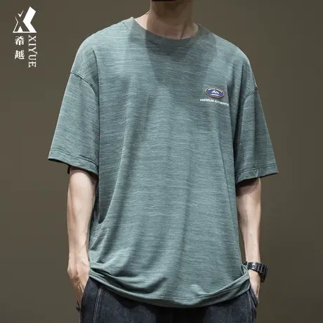 希越冰丝凉感短袖男2024春夏新款宽松大码男士潮牌五分袖轻薄上衣商品大图