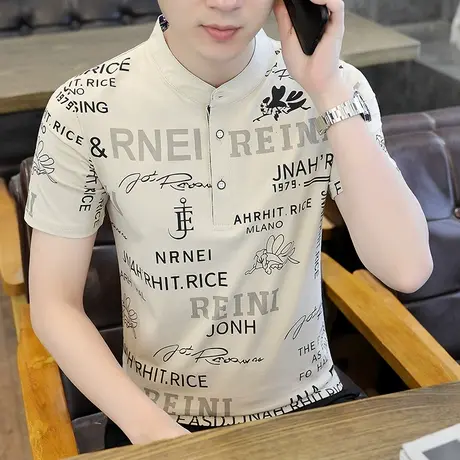 夏季纯棉polo衫翻领短袖t恤男装印花上衣服潮牌中山立领半袖体恤T商品大图