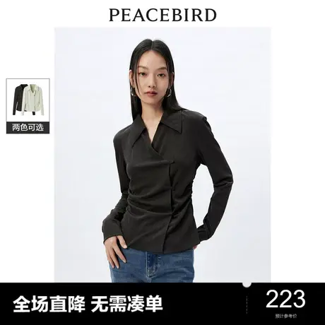 太平鸟 2024年春季新款翻领针织衬衫收腰V领斜门襟气质通勤上衣女图片