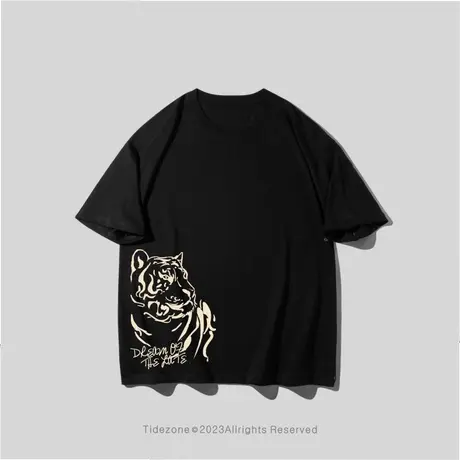 Ohlyah潮牌美式学生短袖t恤男女复古字母动物老虎印花半袖情侣tee图片